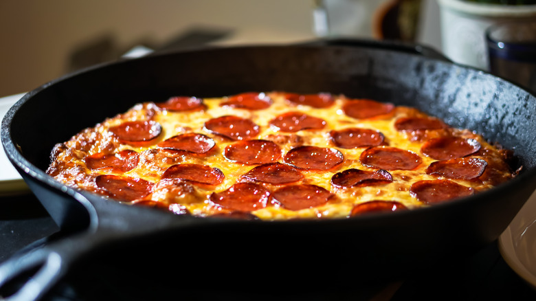 Pepperoni pizza in a skillet