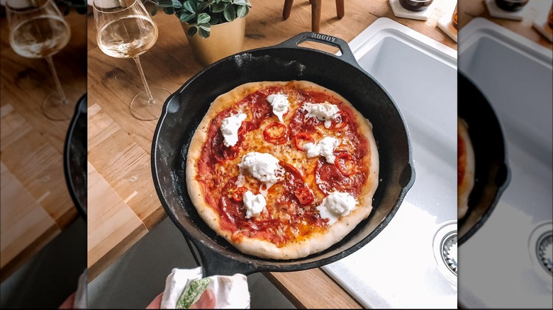 Homemade skillet pizza with goat cheese