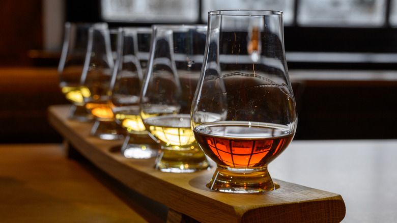 whiskey flight on wood board