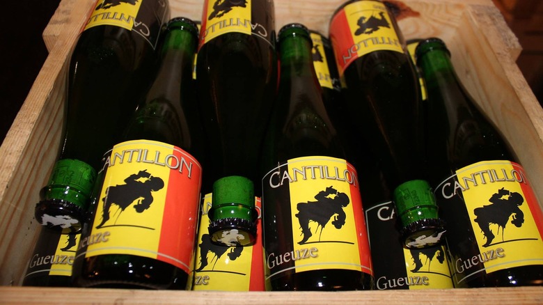 Bottles of Cantillon gueuze in a crate