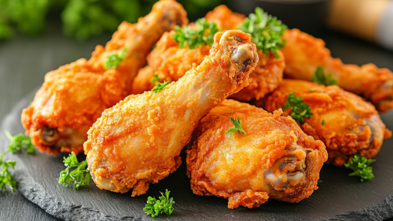 a pile of fried chicken drumsticks on a black slate circle