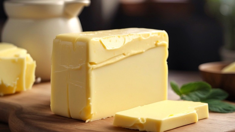 Butter on wood board with objects in background