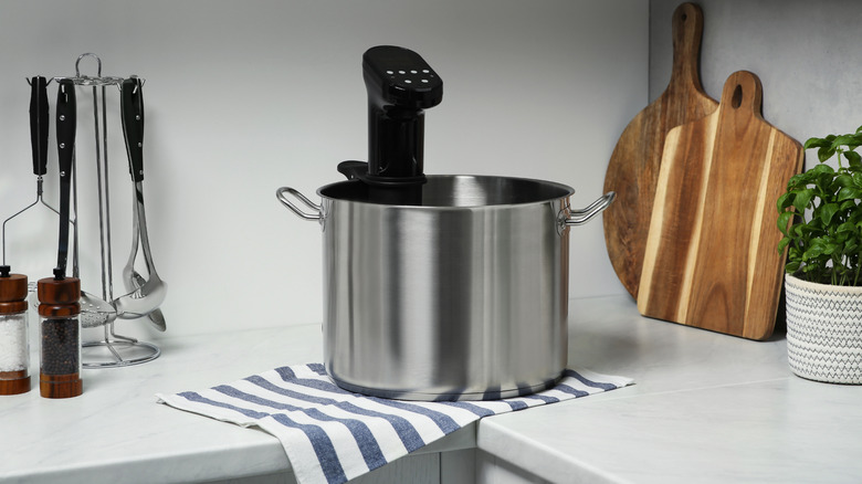 Sous vide cooker in large stockpot on white kitchen counter.