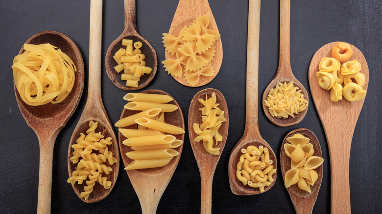 various shapes of dried pasta displayed on wooden spoons