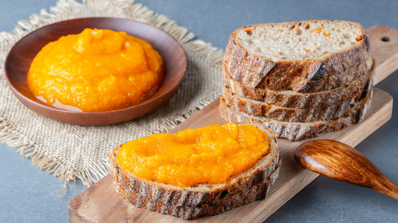 Butternut squash puree spread on bread