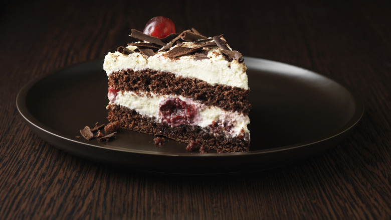 Black Forest cake on black plate