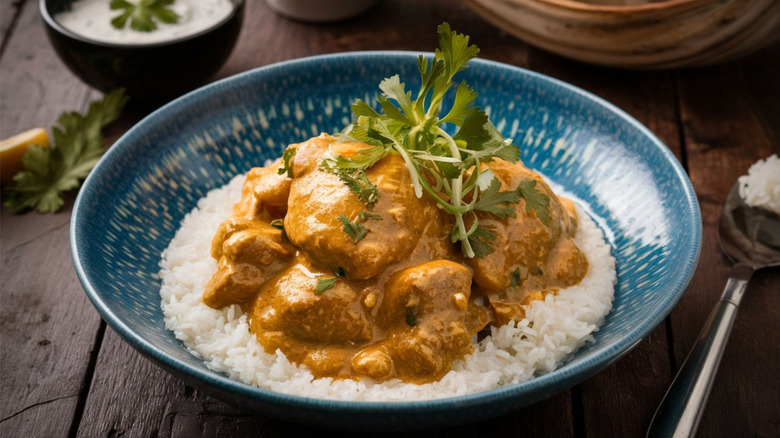 Coronation Chicken in a blue bowl