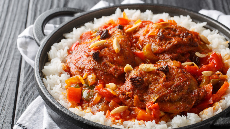 Country Captain and rice in cast iron dish