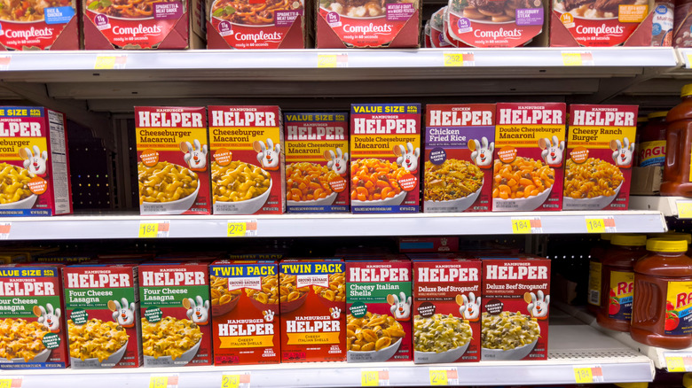 Boxes of Hamburger Helper on a supermarket shelf