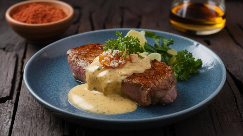 Steak Diane on a blue plate