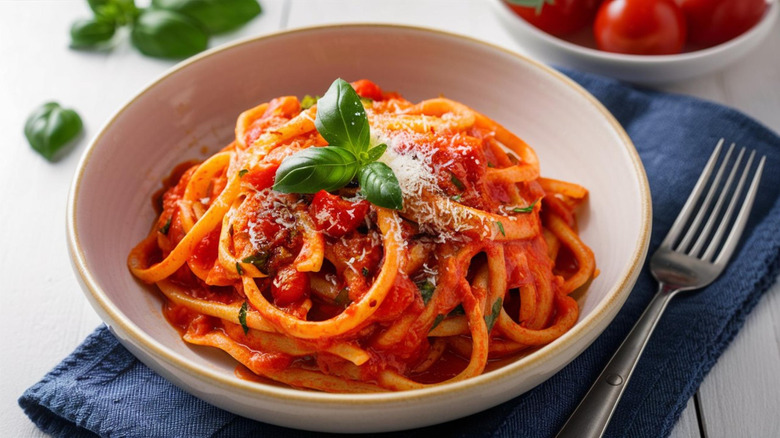 Pasta with red sauce, Parmesan, and fresh basil