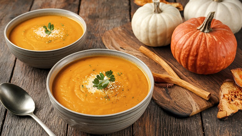 Pumpkin soup in a bowl.