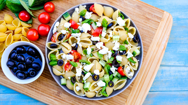 Vibrant pasta salad with feta and olives