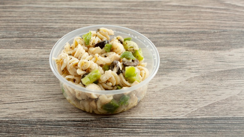 Pasta salad in store-bought container