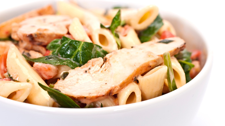 Close up pasta salad with chicken