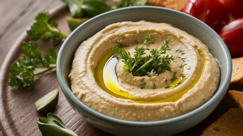 A bowl of hummus with herbs.