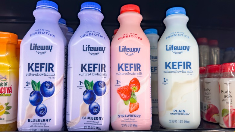 Bottles of Lifeway kefir on grocery shelf