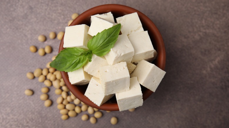 Fresh tofu cubes in a bowl with basil