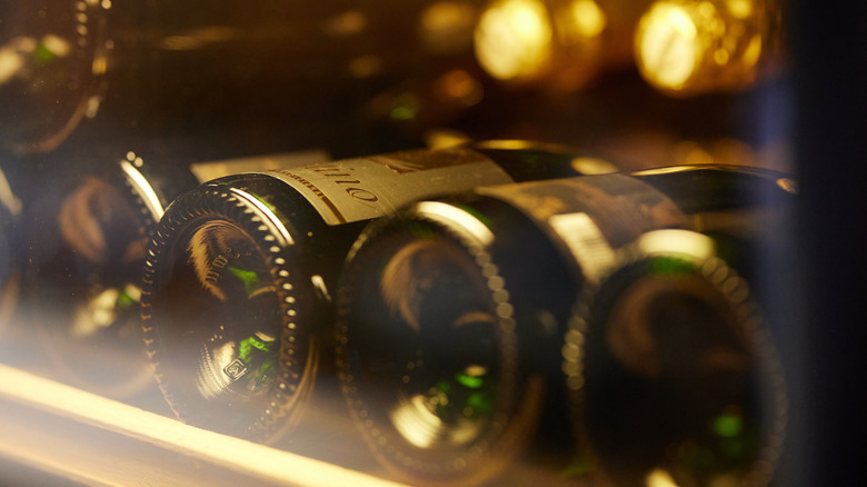 Closeup of wine bottles in fridge