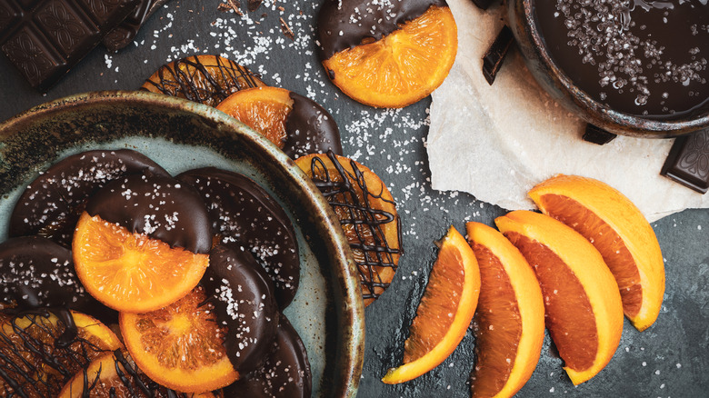 Candied orange slices dipped in chocolate.