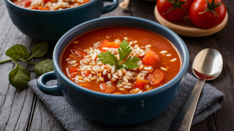 Tomato soup with barley in bowl