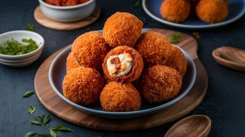 Arancini in blue bowl with one showing cheesy filling