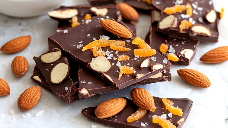 Dark chocolate bark with almonds and candied orange slices