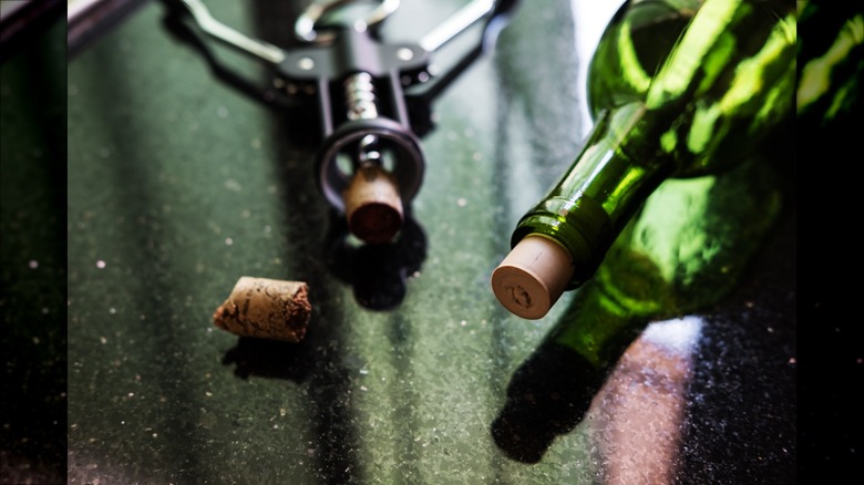 broken wine cork next to a bottle of wine