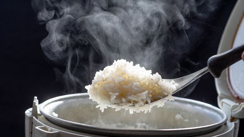 spoonful of hot rice being served from a rice cooker