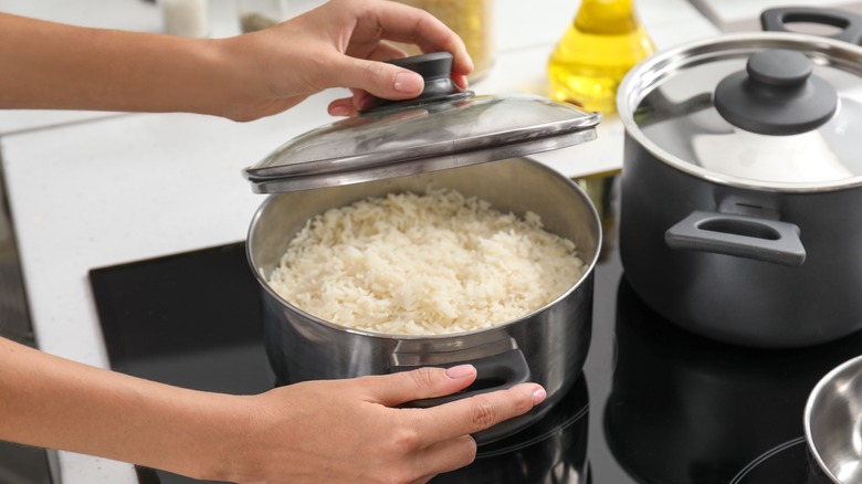 pot of cooked rice on a stovetop