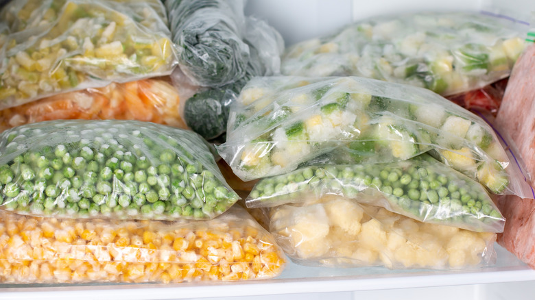 Frozen vegetables in freezer bags