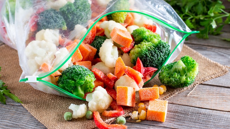 Frozen vegetables in open bag