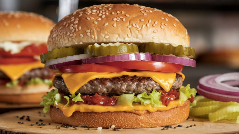 A hamburger with cheese, tomatoes, onions, pickles, and lettuce.