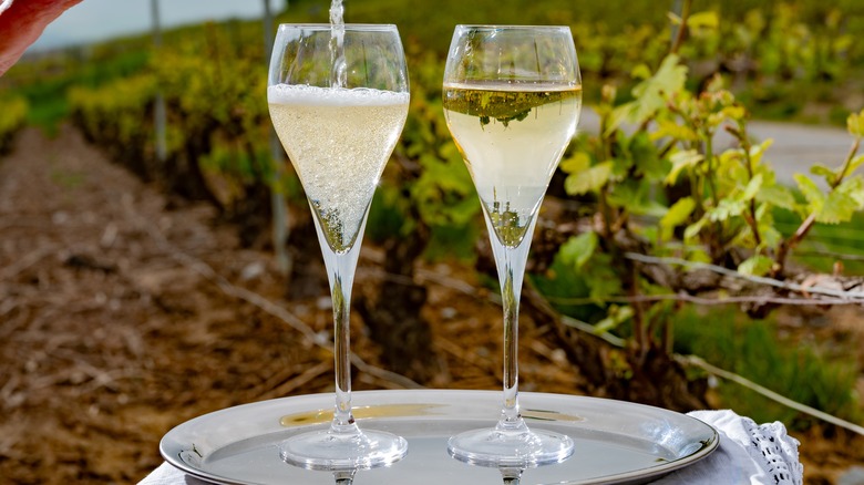 Champagne being poured into glasses on a silver tray with a vineyard in the background.