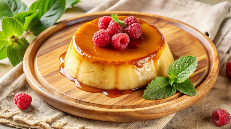 Flan with raspberries on top on wood dish