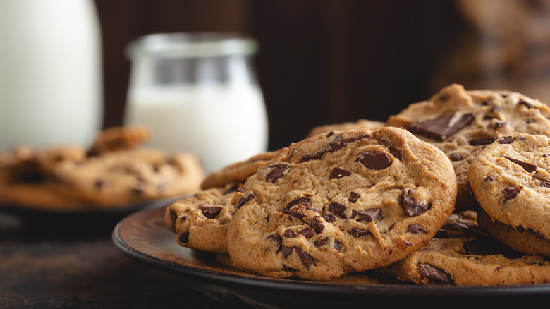 Plate of chocolate chip cookies closeup.