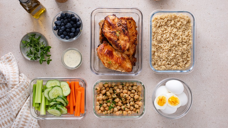 Ingredients for chicken salad in containers