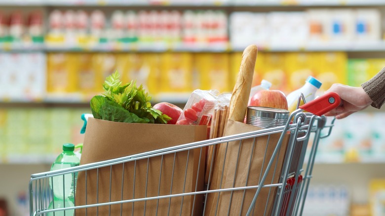 Person pushing grocery cart with groceries