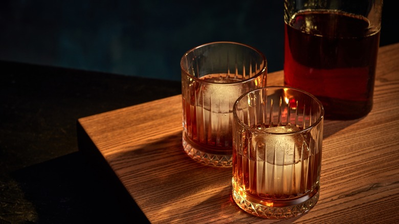 Whiskey with large ice cubes