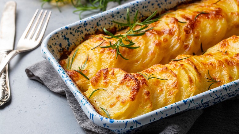 Scalloped potatoes in a baking dish