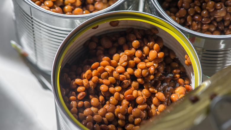 Open can of lentils top view