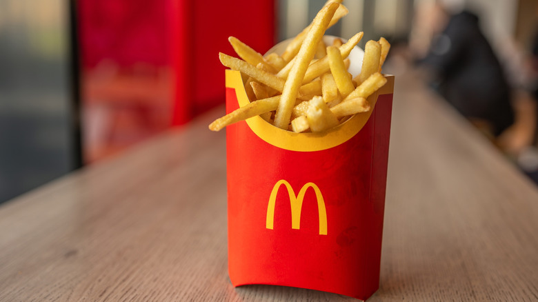 McDonald's fries in red and yellow box closeup