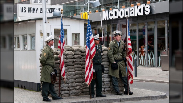 soldiers in front of McDonald's