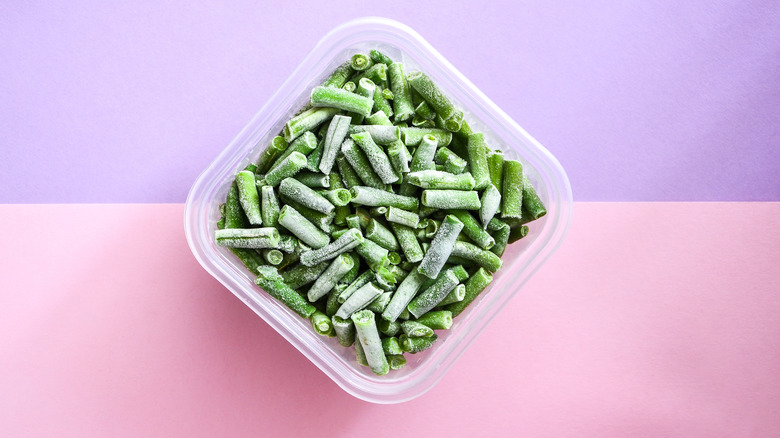 Frozen green beans in a tub