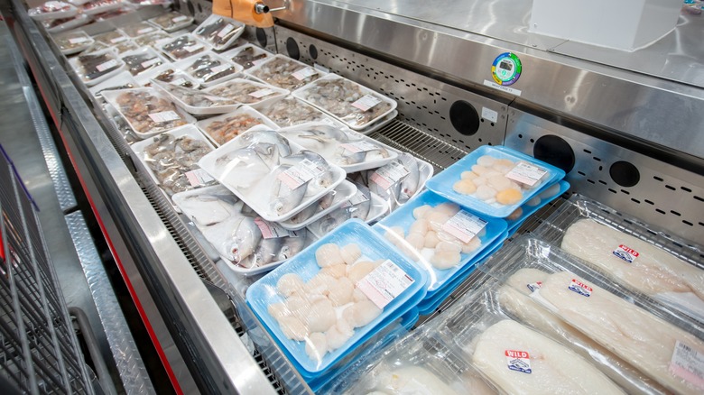 Packages of seafood at a store