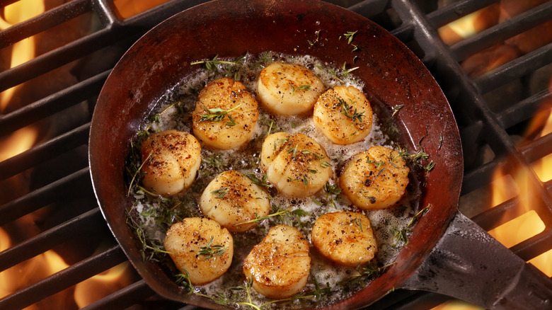 Sizzling scallops in a pan
