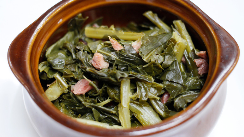 Collard greens with ham in a bowl