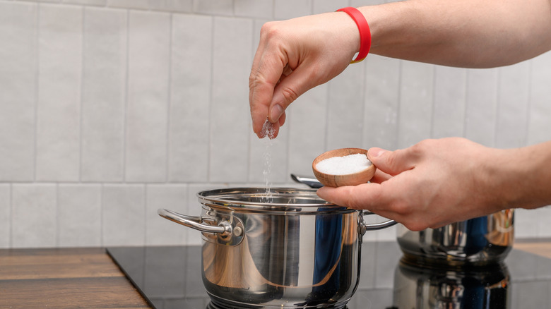 A person adding salt to a pot on the stove