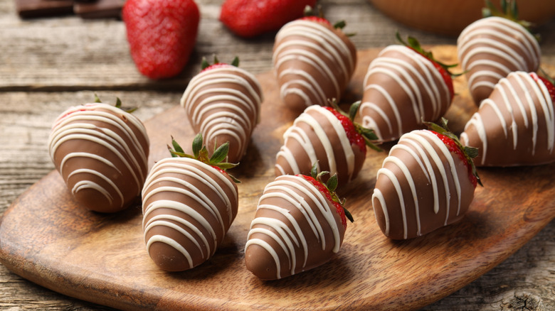 Chocolate-covered strawberries on a platter