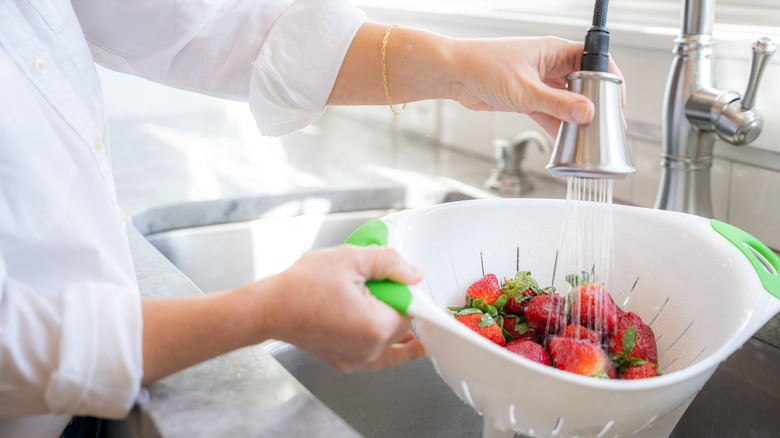 A person washing strawberries in the sink